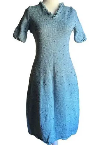 1960s VINTAGE | Unique Blue Beaded V Neck Sweater Dress | Approx size Small Med