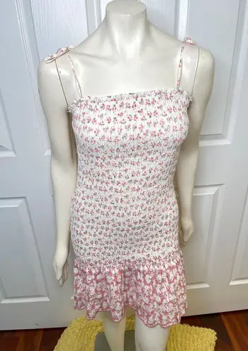 The Impeccable Pig Hello Darling White Floral Smocked Mini Dress w/ Eyelet Hem