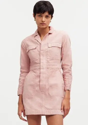 Avec Les Filles Pink Coverall Denim 3/4 Snap Front Patch Pocket Dress Size S