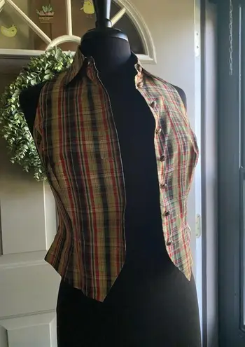 Vintage Limited sleeveless silk taffeta plaid button down blouse, size XS