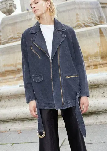 Nanushka Charcoal Black Cite Oversized Denim Belted Moto Biker Jacket Size XS