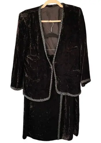 T2 80s VTG Mila Schön Due Italy Velvet Velour Jacket Wrap Skirt Braided Suit Black Size M