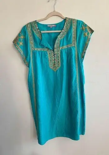 Calypso St. Barth  Medium Blue Gold Silk Embroidered Tunic Dress