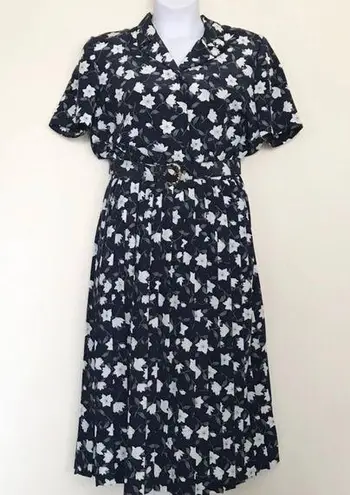 Leslie Fay Vintage  Poly Secretary Navy Floral Belted Midi Dress 80s 90s 12 L