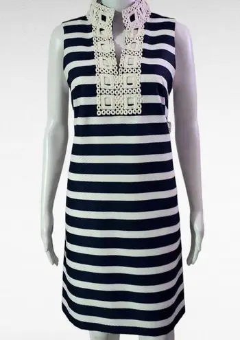 Jessica Howard Navy & White Stripe Crochet Trim Sleeveless Shift Dress Size 12