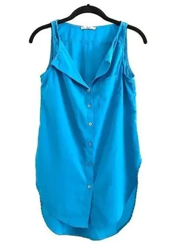 Love Squared Tank Top S Sleeveless Round Hem Button Down Blue Pocket Office