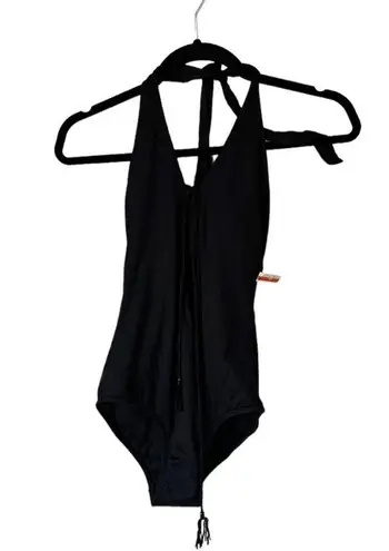 Swim Systems Onyx Black Lace Up Halter Tie Neck One Piece Swimsuit Size XS New