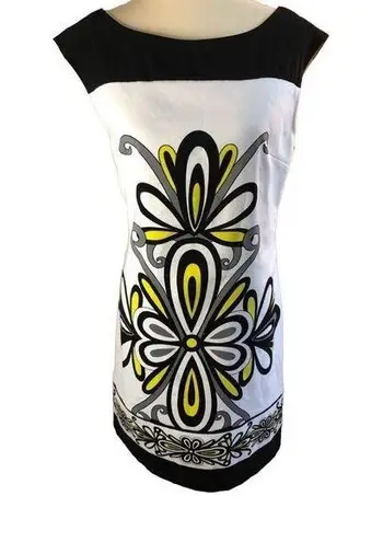 London Times  sleeveless shift dress yellow white and black geometric print size