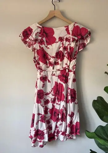 Free People  Floral Wrap Mini Dress Ruffle Cap Sleeve Tie Bow Viscose Flower EUC