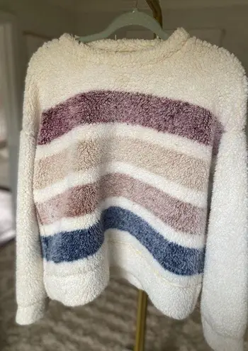 TS Sherpa Teddy Boucle Pullover Sweater Buttery Soft Striped Fleece Winter Cozy Pink