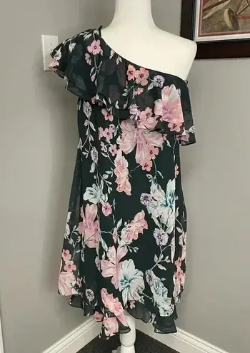 Eliza J Floral One Shoulder Ruffle Shift Dress NEW Green Pink Ruffle Feminine
