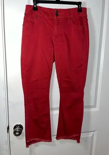 CAbi  Maroon Capri Cut Frayed End Trim Hi-Low Crop Zipper Button Jeans Sz 4