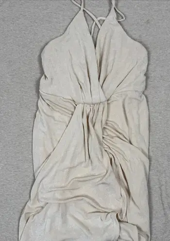 Mable Ruched Wrap Maxi Dress Beige Spaghetti Strap Halter Neck Size S