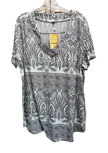 Allegrace White/Blk Paisley V Neck Short Sleeve Size 3XL Flowy Boho Plus Black