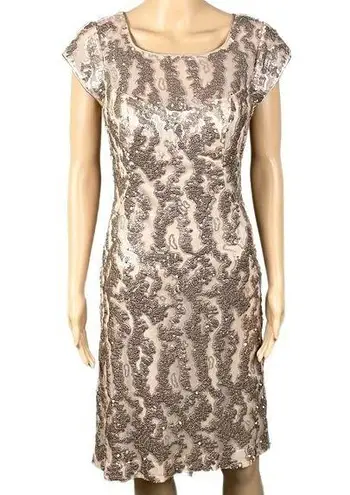 Sue Wong  Champagne sequined square neck sheath dress with stretch. Size 6. EUC