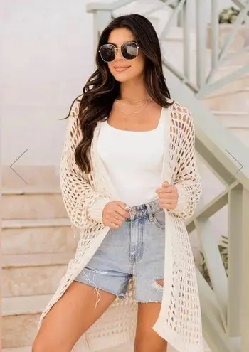 Pink Lily Beige Crochet Cardigan