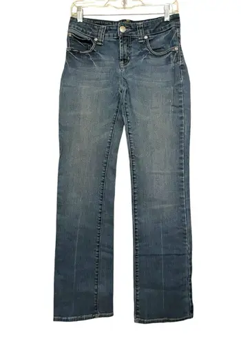 Cowgirl Up Embroidered Low Rise Bootcut Jeans Size 4/28 Blue Leather Rhinestone