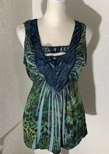 Blue and Green Ruffled Embellished BOHO Flowy Top Size M