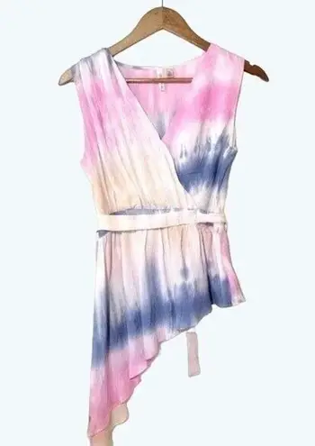 Versona Asymmetrical Tie-Dye Pink/Blue V-Neck Top with Belt Size Small