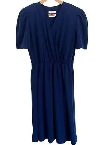 Vintage Blue  Wrap Dress 10 Petite Midi Knee Length Navy Blue Capsule Neutral