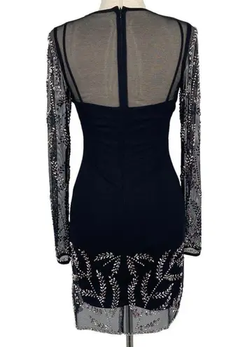 AQUA Floral Sequin Mesh Overlay Long Sleeve Mini Dress Size 2 Black