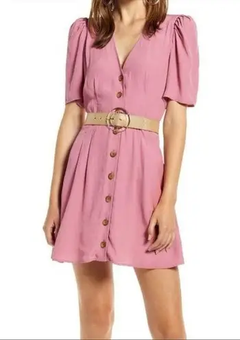 Something Navy Button Pleated Short Sleeve Flared Mini Dress In Dusty Pink Small