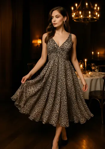 Tadashi Collection Silk Leopard Print Midi Dress Ruched V