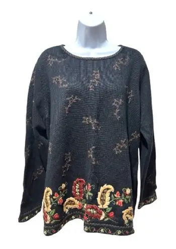 Talbots XL Black Floral Embroidered Sweater Knit Pullover