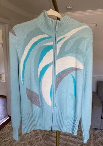 Vintage Basler Angora Wool Zip Cardigan Sweater Abstract Winter Autumn Artsy 80s Blue Size M