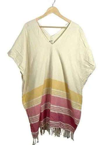 Tribe Alive Handmade Cotton Stripe Fringe Kaftan Poncho in Ivory/Pink OS
