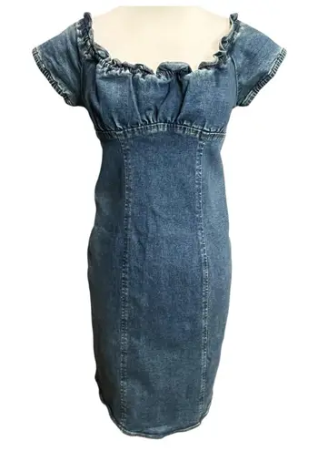 Moda International Y2K Denim Dress 6 Blue Ruffle Neck Milkmaid Stretch Retro