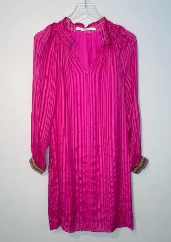 Marie Oliver Hot Pink Magenta Silk Long Sleeve Metallic Stripe Cuff Dress Size M
