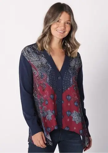 DG2 by Diane Gilman SoftEase Combo Printed Scarf Front Cardigan 2X NWT Blue