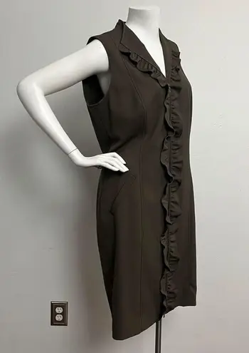 Classiques Entier Size 14 Sheath Dress Olive Green Ruffled V Neck Zip Up NO BELT