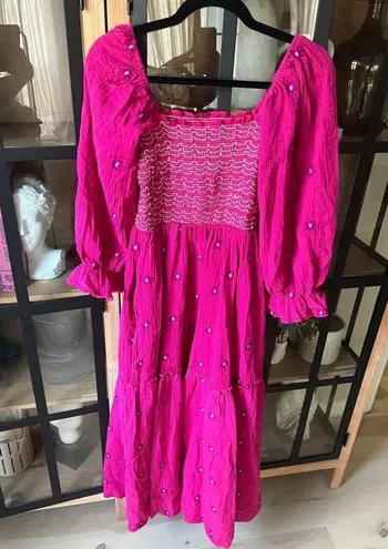 Amazon Free People maxi dress embroidered dahlia puff sleeves smock floral Barbie pink