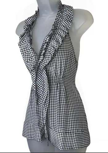 BCBGMAXAZRIA BCBG Sleeveless Halter V-Neck Ruffle Gingham Checkered Silk Top Black & White XS