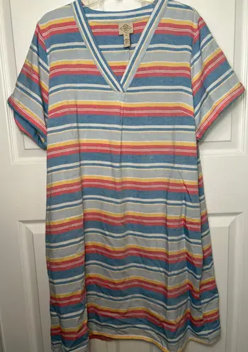 St John's Bay XL Striped Rayon Linen Blend V Neck Short Sleeve Casual Dress Blue