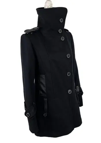 Trilogi Wool Blend Coat Black Faux Leather Trim Single Breasted Jacket Medium