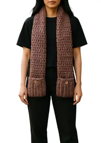 Handmade Hand Knit Grandma Wool Blend Soft Chunky Mauve Long Scarf w Pockets Boho Cozy - Image 1