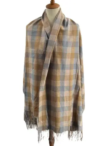 Hat Attack Scarf Plaid Scarf Blue Tan Fringe Ends Blanket Scarf New