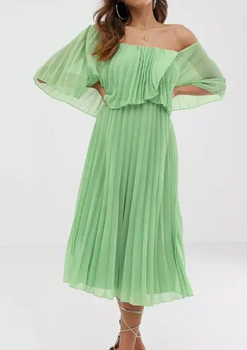 ASOS NWT  Pleated Bandeau Midi Dress 6 Green Off The Shoulder Chiffon Overlay