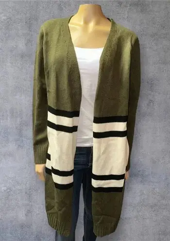 JODIFL women’s olive green striped open front knitted long cardigan sweater L