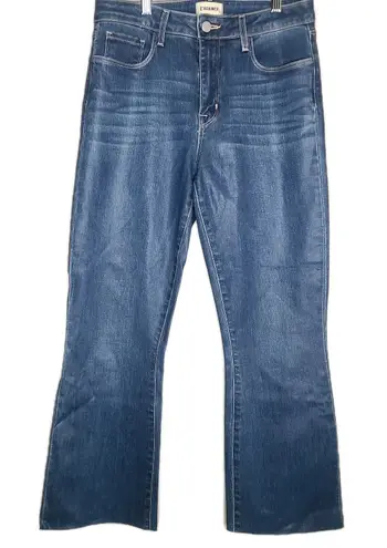 L'Agence Kendra High Rise Crop Flare Jeans Zip Raw Hem Regal Coated Women's 28