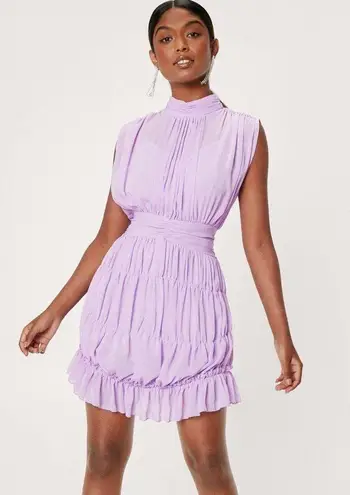 Nasty Gal  Shirred Skirt w/ High Neck Chiffon Mini Dress