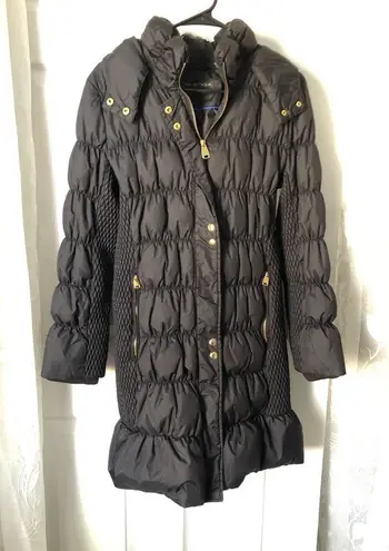 Via Spiga black down puffer jacket coat hoodie sz L full zip up tiny liner stain Size L