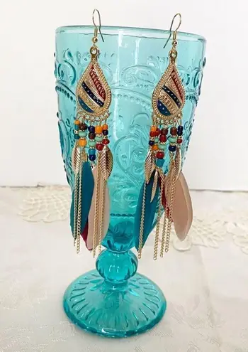 Long Bohemian Feather Chain Earrings Gold