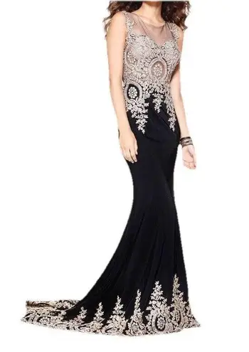 Shail K Rhinestone Mesh Black Gold Evening Gown W/ Train Size 10 Prom