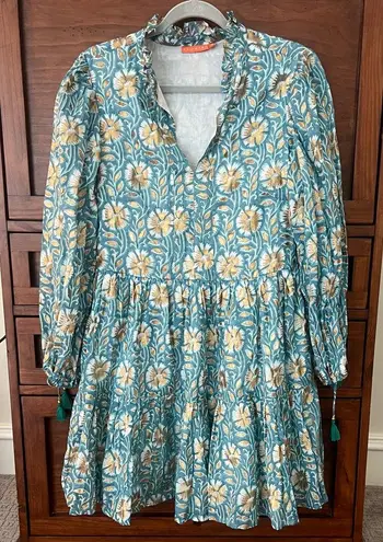 NWOT Oliphant Teal Floral Tiered Mini Dress Hand Block Print, Size Small Blue