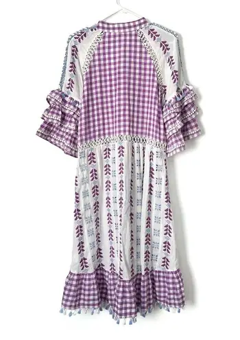 The Bar DODO OR Gingham Broderie Anglaise Cotton Gauze Purple Tassel Midi Dress Sz S