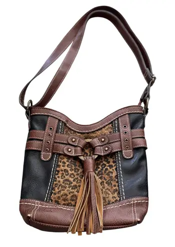 b.o.c Crossbody Purse Womens Brown Black Cheetah Animal Print Tassel Boho Bag